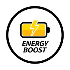 Fototapeta premium Energy Boost vector icon, round stamp with yellow battery and lightning bolt, isolated. 