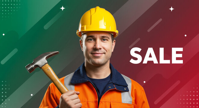 Construction worker holding hammer on promotional banner, hardware tools sale and retail advertisement