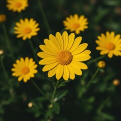 Fototapeta premium Bright yellow daisy flowers blooming beautifully outdoors under warm sunlight. A vibrant seasonal scene showcasing the joy and freshness of nature, summer, Daisy, texture