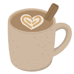 Cozy latte mug with cinnamon stick and heart foam art warm Scandinavian hygge winter drink illustration in soft neutral minimal aesthetic