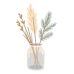 Scandinavian winter botanical arrangement in glass jar dried stems pine branch hygge natural decor