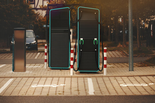 Modern electric vehicle fast charging stations in an urban environment. Clean energy infrastructure.