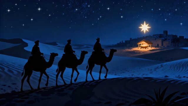 Epiphany: Three Wise Men riding with gifts toward baby Jesus, Bethlehem star in the distance, watercolor illustration for Christian holiday cards designs