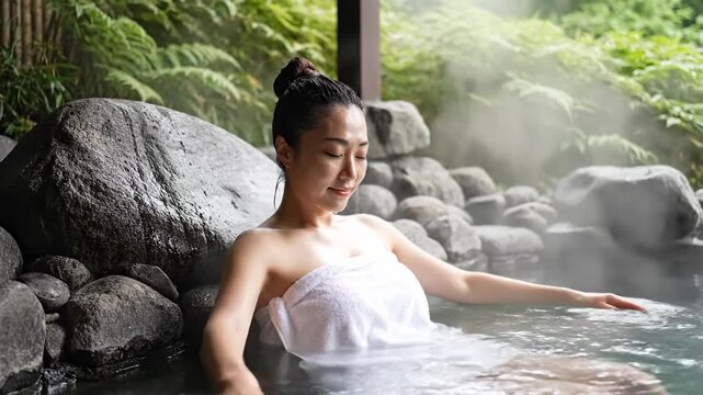 Young Japanese woman relaxing in hot spring surrounded by nature  