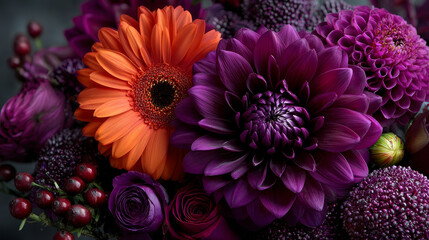 Festive vibrant floral background with a large arrangement of colorful summer flowers in rainbow colors including dahlias and gerbera daisies for celebrating a special occasion or holiday