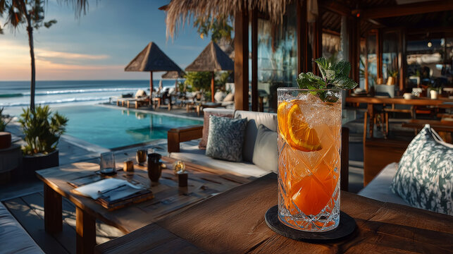 Colourful carambola and orange cocktail ina tall glass served on a wooden board on a golden beach at a tropical holiday resort during an enjoyable summer vacation