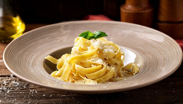 close up of tagliatelle pasta with grated parmesan cheese on a rustic wooden surface in soft lighting