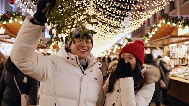 Korean couple kissing under mistletoe at Christmas market  
