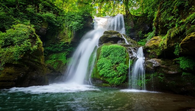 lush green waterfall cascading down rocky cliffs