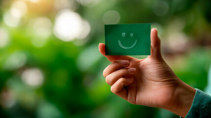 Faceless hand holding green paper cut happy smile face defocused green background positive thinking concept mental health assessment world mental health day emotional wellness