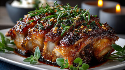 A crispy, golden roasted pork knuckle with a fresh herb garnish on a white background with copy space.