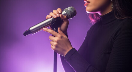 Female hands holding microphone, confident singer gripping modern mic with purple ambiance, performance and music passion in live concert setting