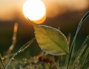 leaf with dewdrops backlit by sunrise