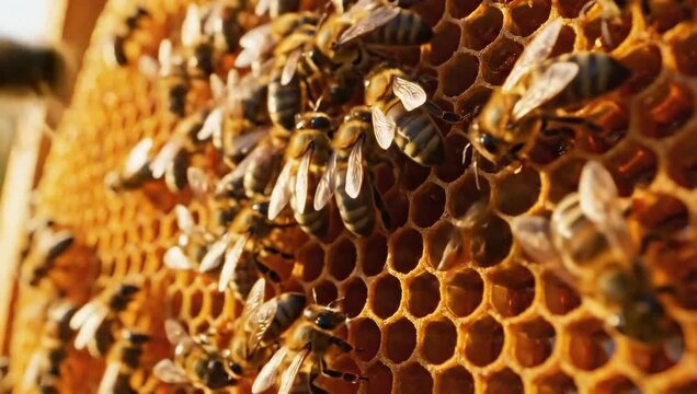 Busy Bees at Work: A close-up view captures a bustling hive of honeybees diligently working within the intricate honeycomb structure.