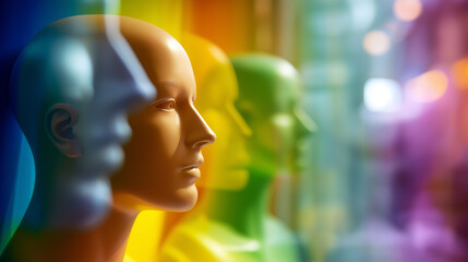 Prismatic images of mannequin head faceless multiple exposure defocused colorful background mental health visualization psychological perspectives emotional facets cognitive