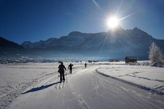 Cross-country skiing on beautiful sunny day, Ehrwald, Zugspitze Area, Alps, Austria