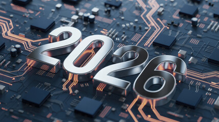 Metallic 2026 numbers displayed on a glowing blue microchip surface, symbolizing futuristic digital innovation and advancing technology. ai generative
