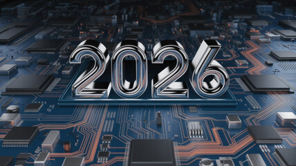 Metallic 2026 numbers displayed on a glowing blue microchip surface, symbolizing futuristic digital innovation and advancing technology. ai generative
