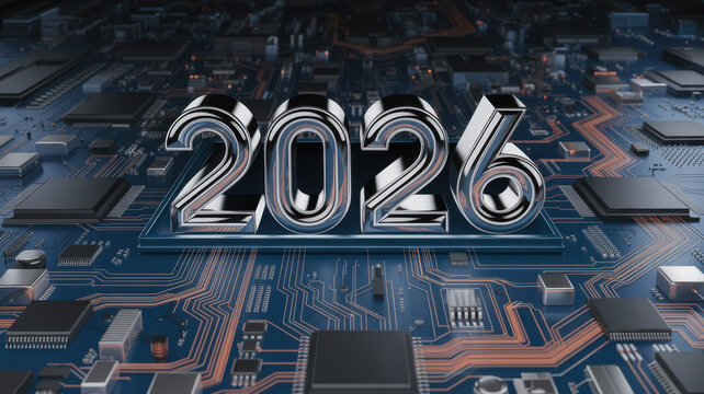 Metallic 2026 numbers displayed on a glowing blue microchip surface, symbolizing futuristic digital innovation and advancing technology. ai generative

