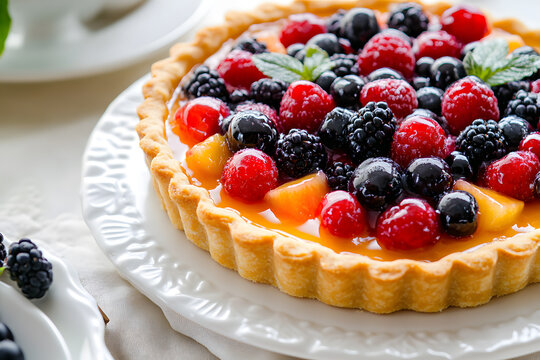 mini tarts with different fillings, a freshly baked fruit tart topped with colorful berries and glossy glaze,