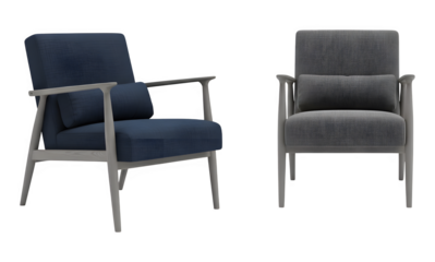 Two modern armchairs in blue and gray with wooden frames generative ai illustration