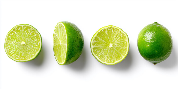 Fresh limes sliced in various ways arranged on a clean white background for culinary display