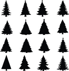 Black Silhouette Vector Grid of Sixteen Stylized Pine Trees Featuring Natural, Symmetrical, and Decorated Variations for Seasonal and Holiday Design Themes