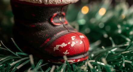A detailed macro shot captures the worn, vintage red boot of a miniature Santa figure.