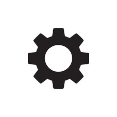A simple black gear icon with a white center on a plain white background in a minimalist style image