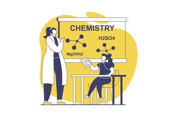 School teachers web concept with flat people for website design. Woman works in school, teaching pupil at lessons in class, explaining chemistry to schoolgirl at science seminar. Vector illustration.