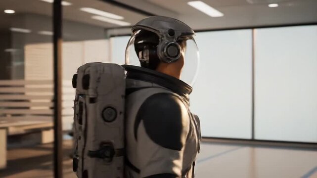 Astronaut walking inside modern office building futuristic concept - Powered by Adobe