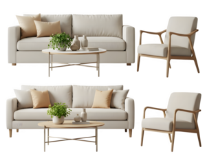 Elegant living room setup featuring sofas, armchairs, and coffee tables for interior design generative ai illustration