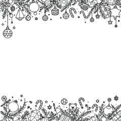 Obraz premium Black and White Christmas Border Illustration Featuring Ornaments, Candy Canes, Holly, Stars, Gifts, Teddy Bear, and Baubles Minimalist Line Art for Holiday Cards and Festive Design Projects