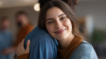 Faceless young happy woman receiving support from group therapy defocused mental health center background peer encouragement collective healing therapeutic community with copy