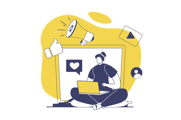 Social media marketing web concept with flat people for website design. Woman making promotion and advertisement, creating video and digital content, attracting new clients. Vector illustration.