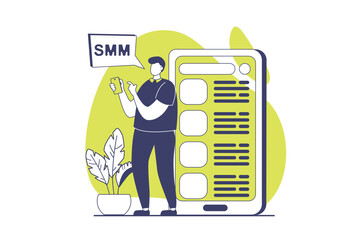 Social media marketing web concept with flat people for website design. Man making promotion with smm strategy, using popular content, influencing and attracting audience in blog. Vector illustration.