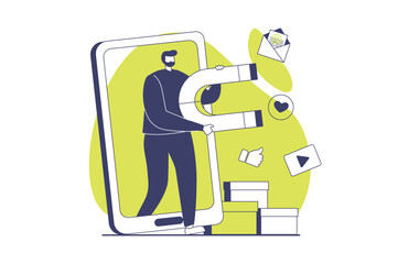 Social media marketing web concept with flat people for website design. Man with magnet creating content and making promotion campaign, attracting audience in mobile application. Vector illustration.