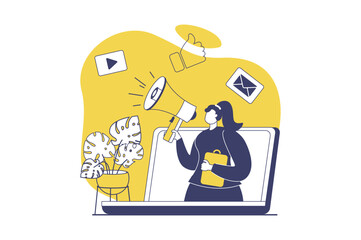 Social media marketing web concept with flat people for website design. Woman with megaphone creating content and promo mailing, making advertising campaign, attracting audience. Vector illustration.
