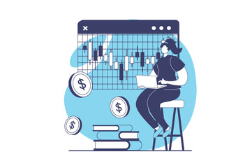 Stock market web concept with flat people for website design. Woman trading and investing money, analyzing trends with bar charts, creating success strategy and earning coins. Vector illustration.