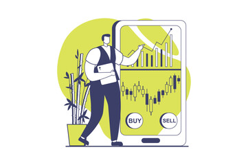 Stock market web concept with flat people for website design. Man trading and investing money in mobile app, analyzing data with bar charts, creating success strategy and earning. Vector illustration.