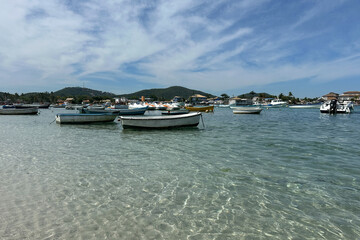 A peaceful coastal harbor filled with small wooden fishing boats gently floating on clear, shallow turquoise water. 