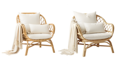 Two cozy rattan armchairs with pillows and throws, perfect for relaxing in style generative ai illustration