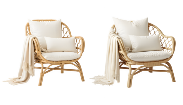 Two cozy rattan armchairs with pillows and throws, perfect for relaxing in style generative ai illustration