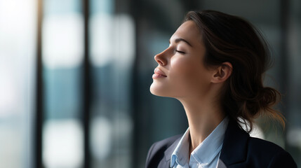 Side view faceless young businesswoman breathing fresh air defocused office background managing stress calm peaceful millennial female meditation at workplace mindfulness