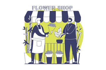 Street shops web concept with flat people for website design. Man working in stall kiosk and selling flowers, customer buying bouquet in florist floral and gardening boutique. Vector illustration.