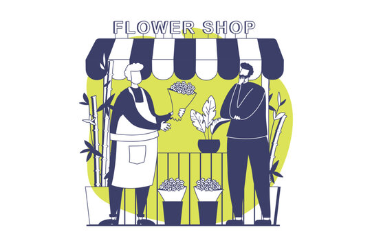 Street shops web concept with flat people for website design. Man working in stall kiosk and selling flowers, customer buying bouquet in florist floral and gardening boutique. Vector illustration.