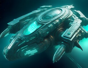 high resolution 3d articulated spaceship joint teal neon mer