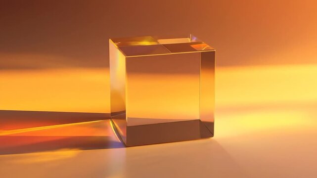 A clear, multi-faceted glass cube in warm tones reflecting light and casting a vibrant shadow