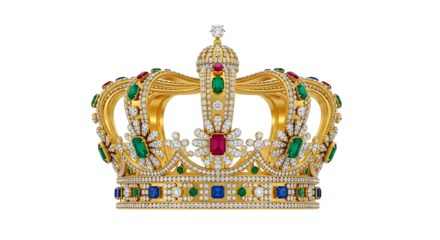 Ornate golden royal crown adorned with precious emeralds rubies and diamonds on black background