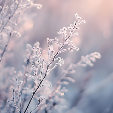 snow covered branches with light pink background 